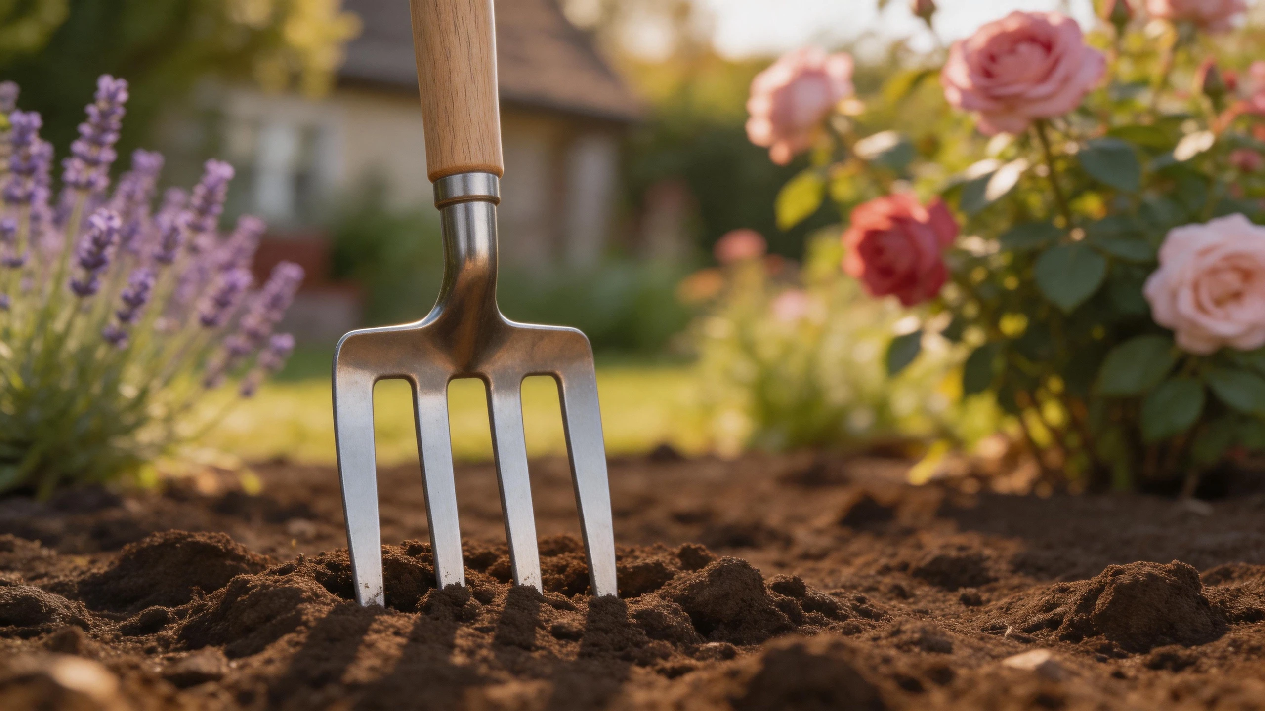 Border fork standing in freshly turned garden soil