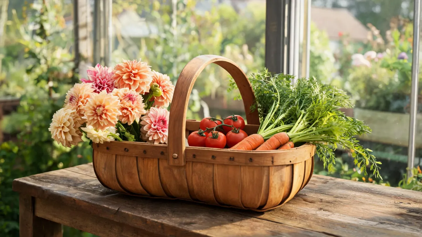 A traditional Sussex garden trug filled with cut flowers and vegetables
