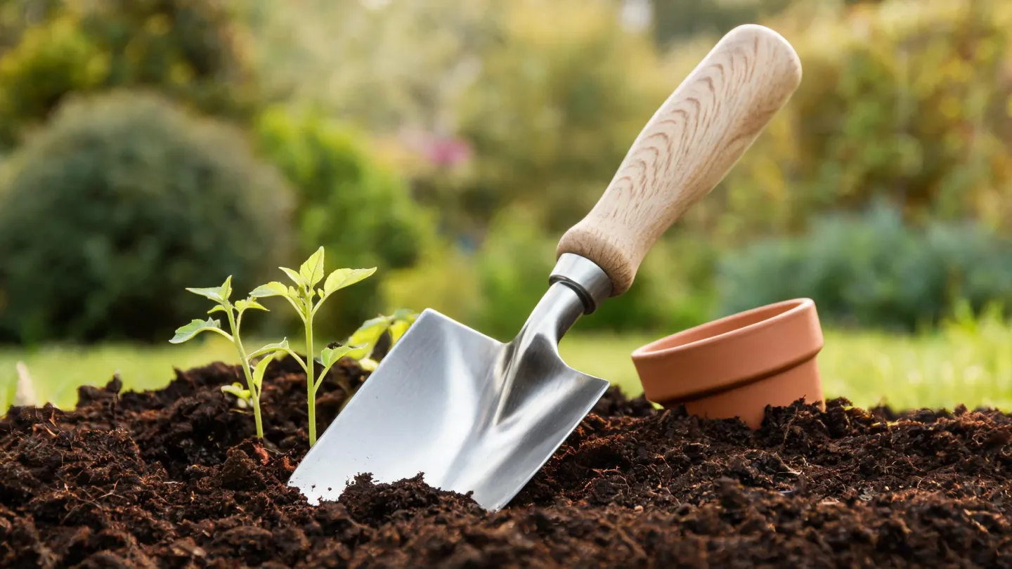 A stainless steel garden hand trowel resting in freshly dug soil