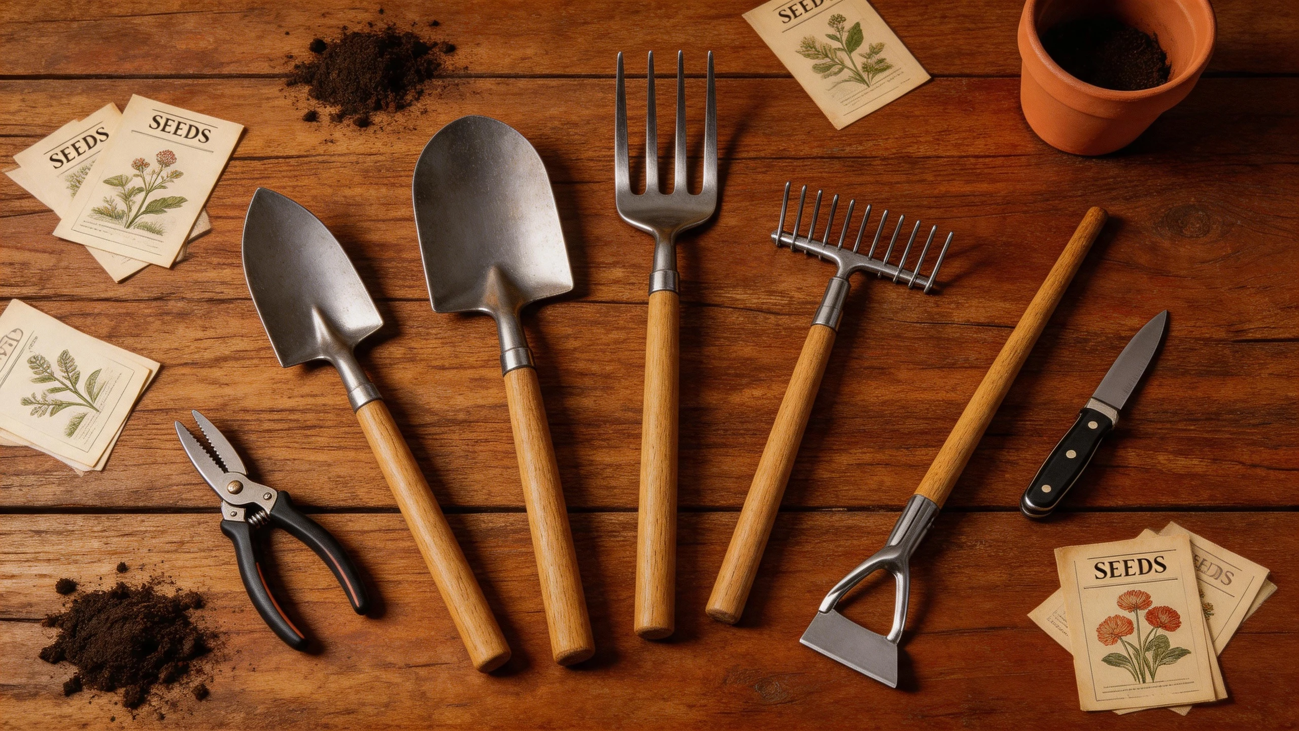 Monty Don's 7 essential gardening tools arranged on a wooden workbench