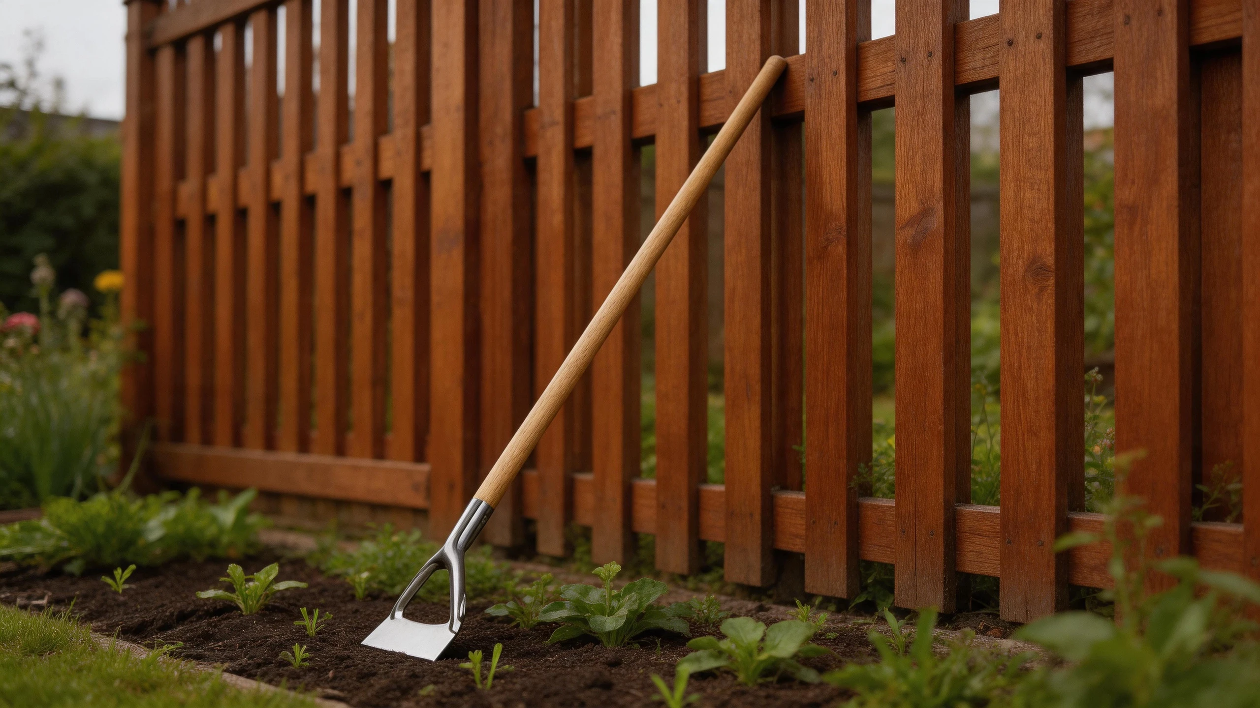 Dutch push hoe resting against a wooden garden gate