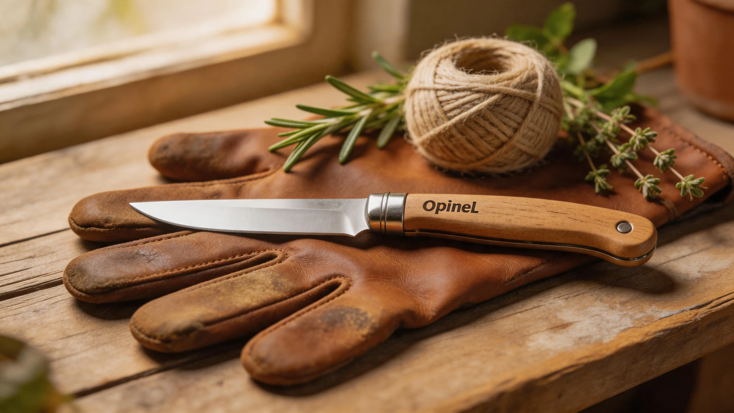 Folding garden knife on a worn leather glove with twine