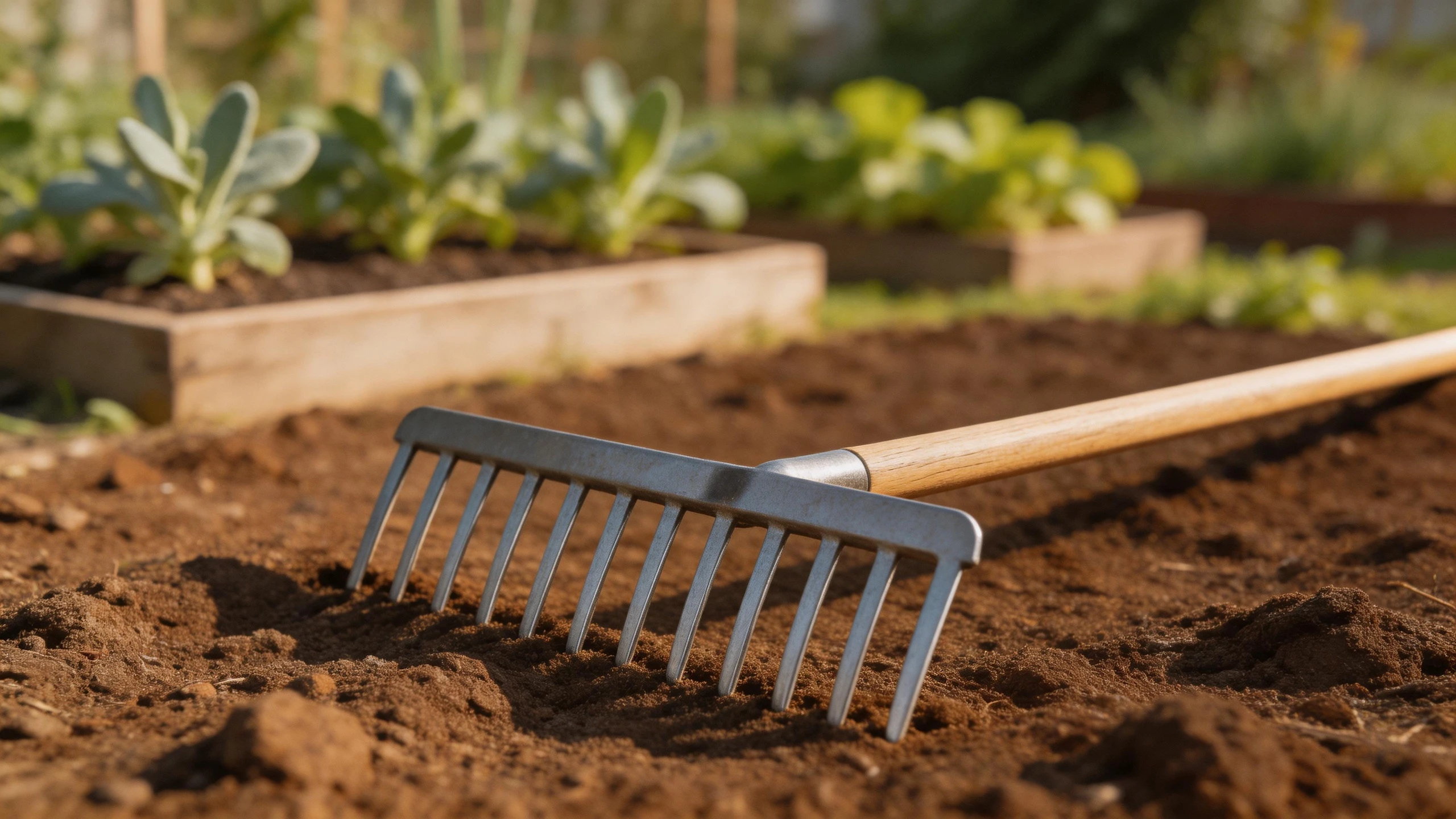 Flat-headed garden rake on a freshly raked seed bed