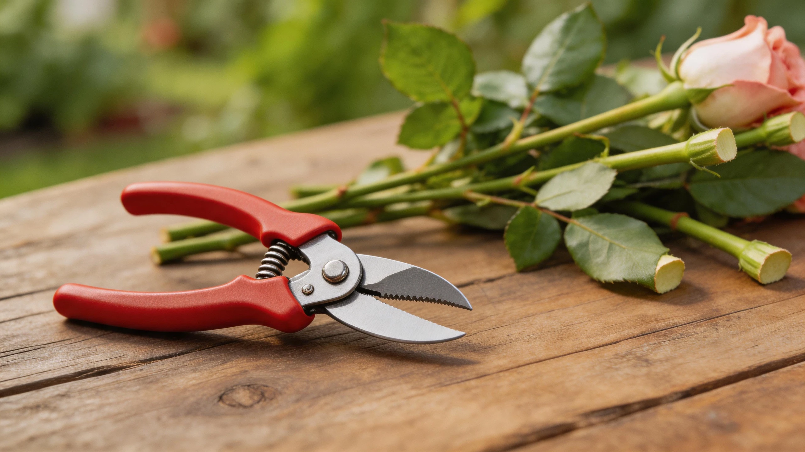 Bypass secateurs on a rustic garden table with rose cuttings