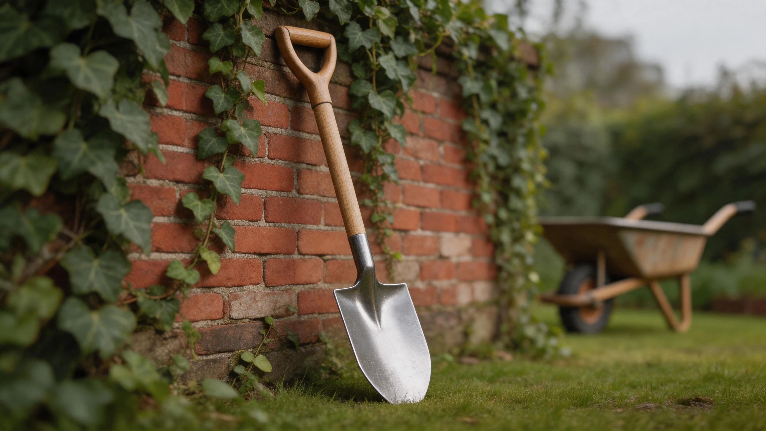Digging spade leaning against a brick garden wall