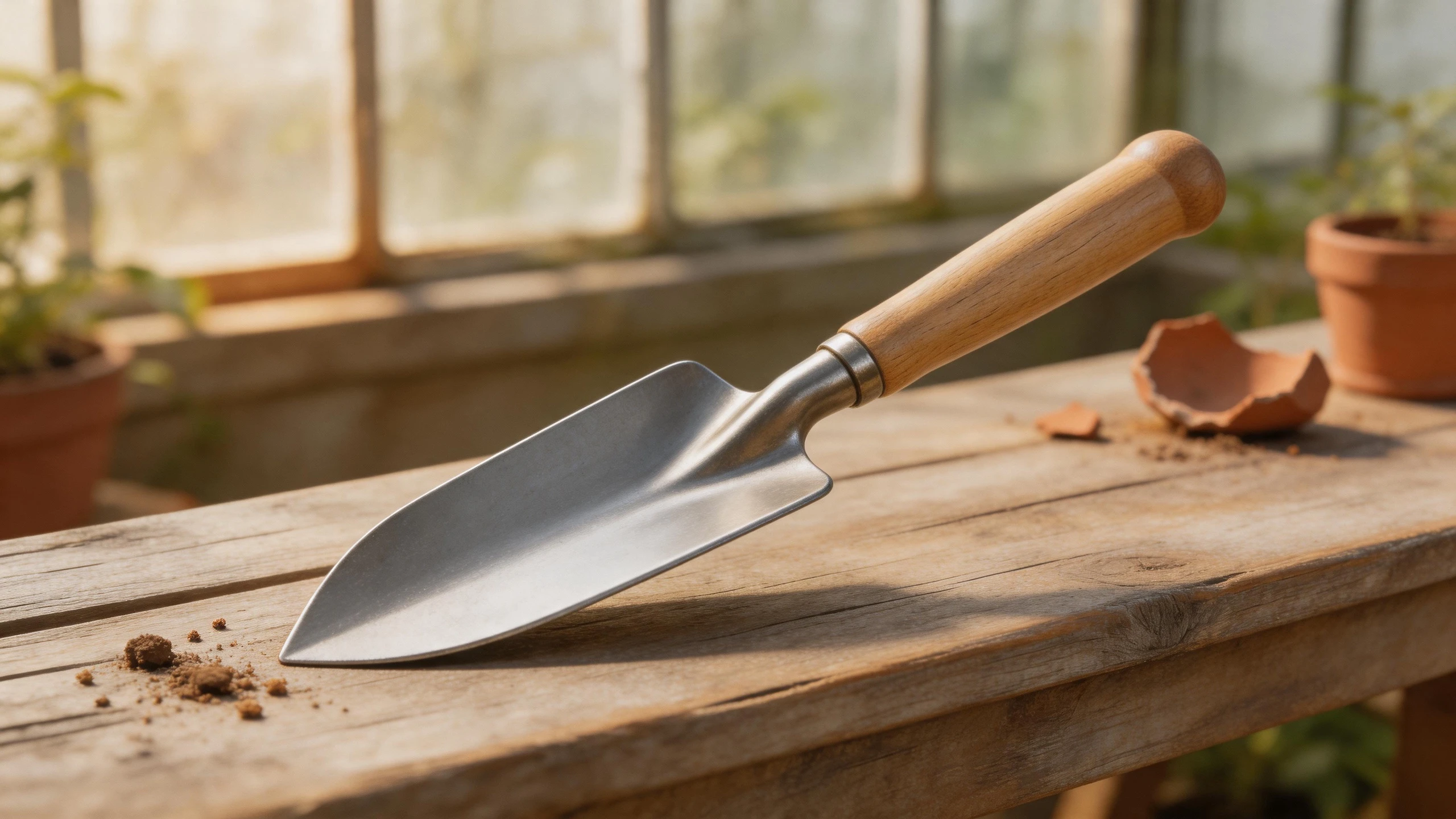 Sneeboer Old Dutch Style Planting Trowel on a wooden potting bench